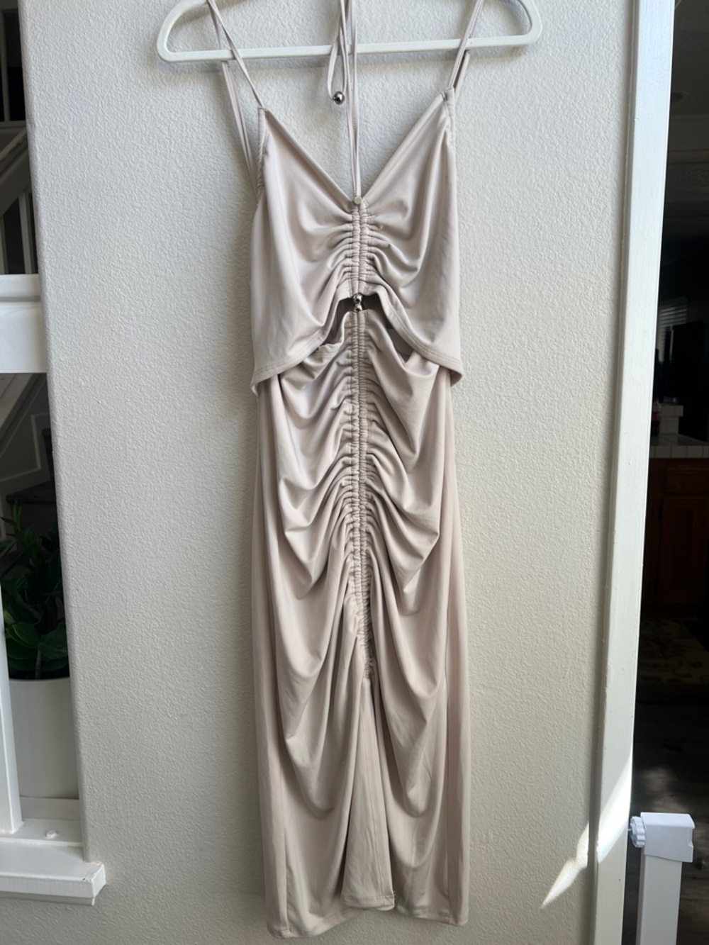 Forever 21 Beige Ruched Midi Dress with Spaghetti Straps